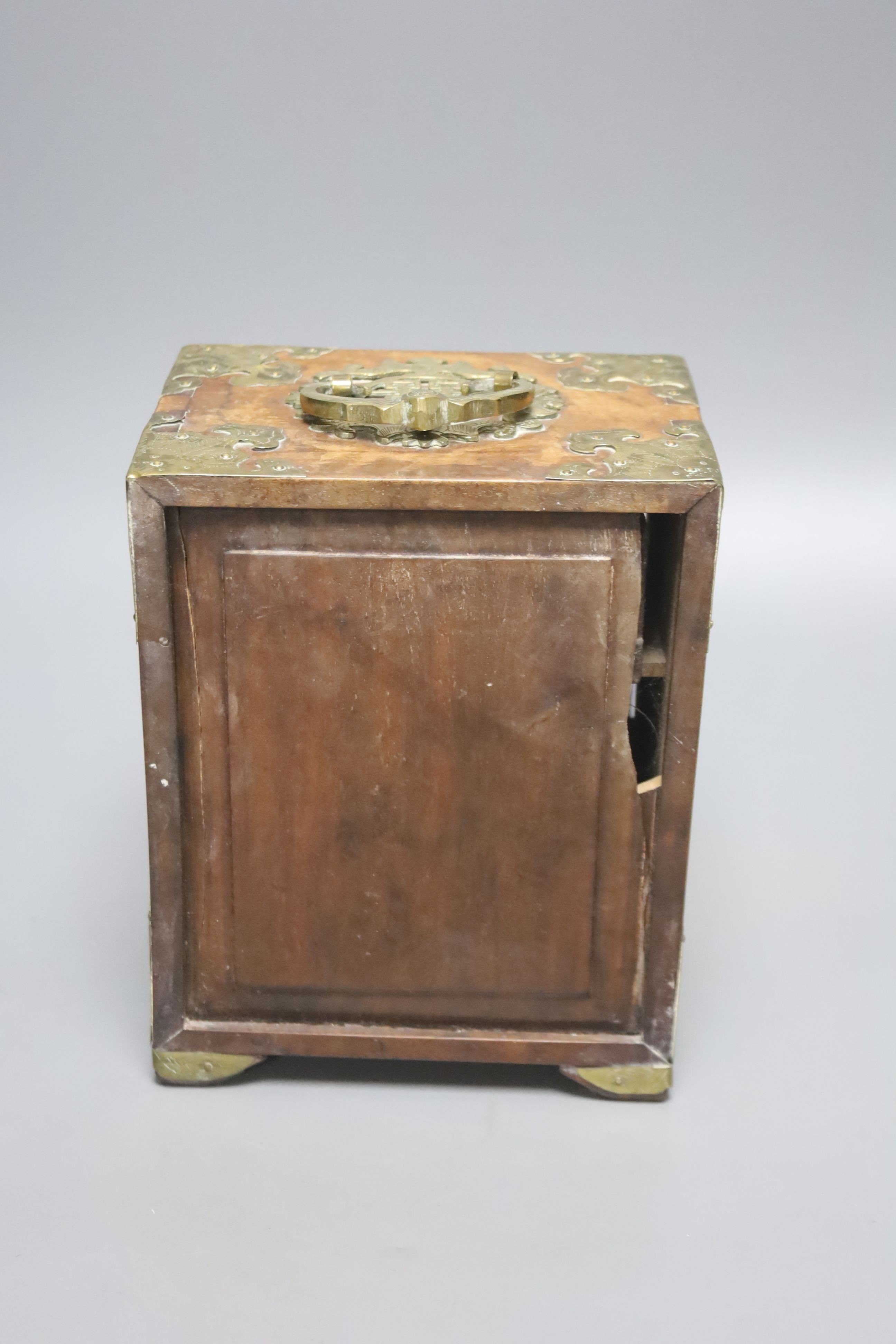 A Chinese chest with carved jade panels and brass mounting, 18 x 14cm